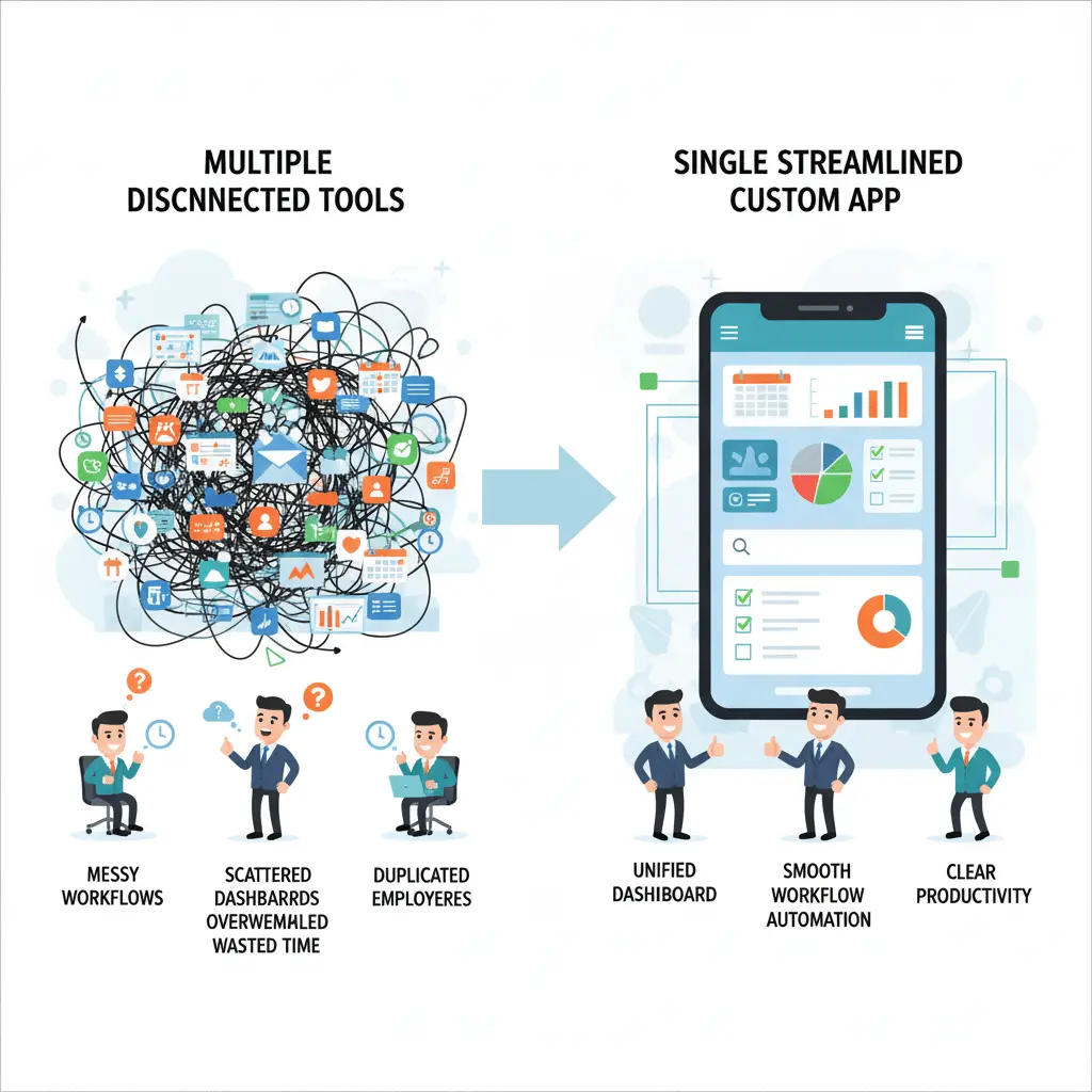 Illustration for “The Hidden Costs of Using Multiple Tools — And How a Single Custom App Can Solve Them”
